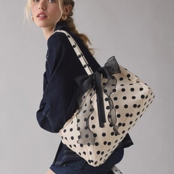 BAGGU Handbags - NWT BAGGU Medium Nylon Bowler Bag Cream Black Dot